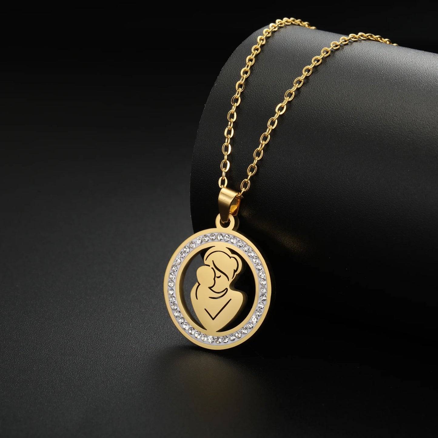 Collier Maman Enceinte  Bébé | Charm Rond Zircon en Acier Inoxydable