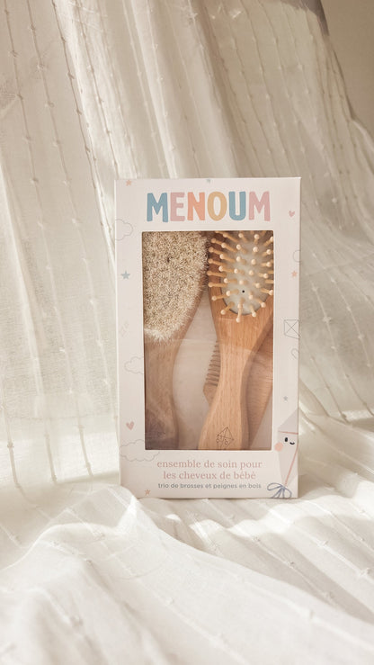 Ensemble de Soins Capillaires Bébé – Trio de Brosses en Bambou Naturel - Menoum