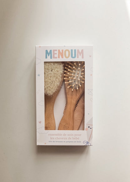 Ensemble de Soins Capillaires Bébé – Trio de Brosses en Bambou Naturel - Menoum