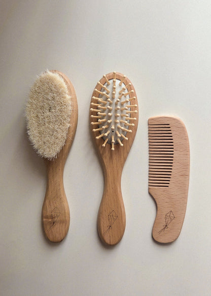 Ensemble de Soins Capillaires Bébé – Trio de Brosses en Bambou Naturel - Menoum