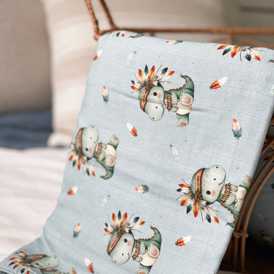 Mousseline 70% bambou - Dinosaure Boho
