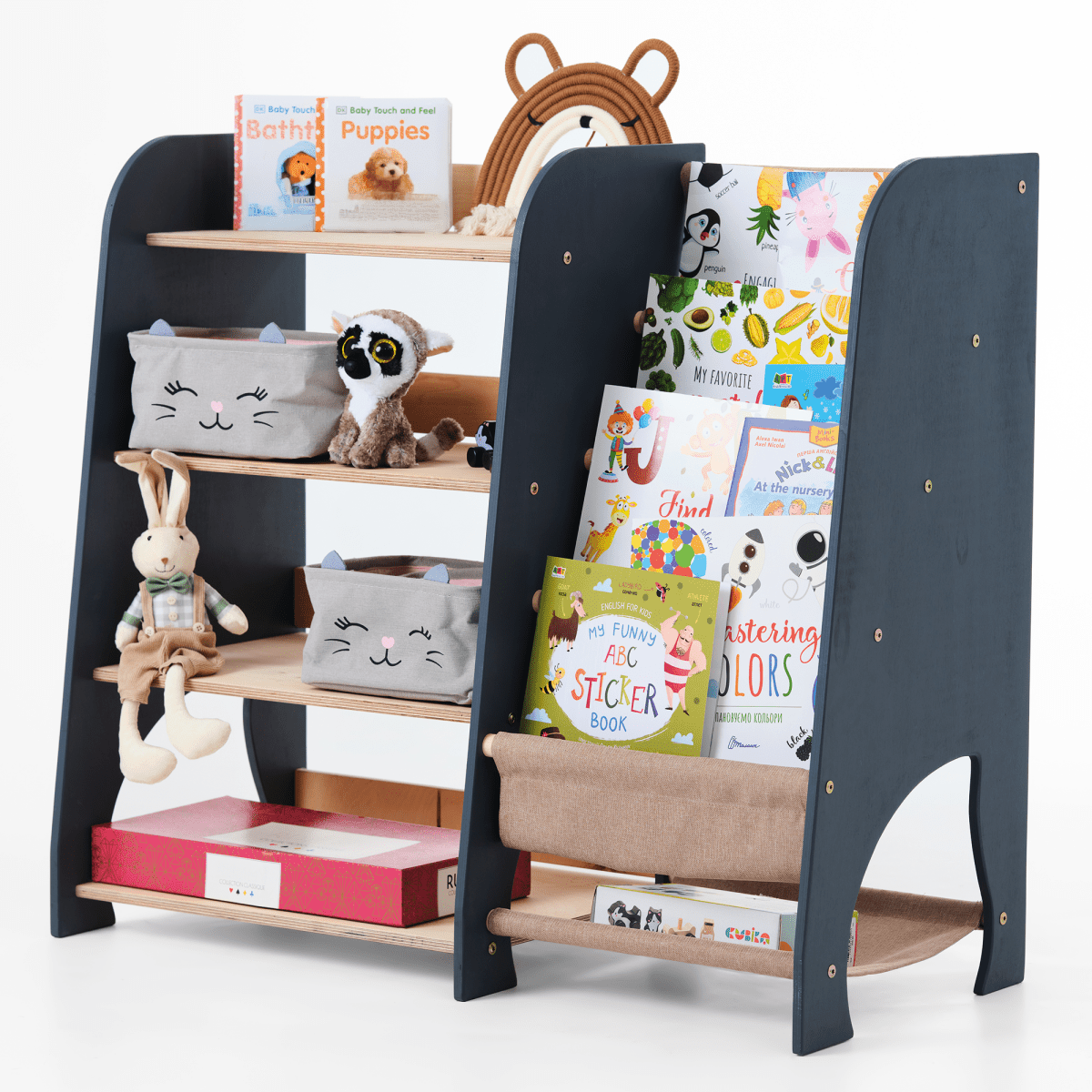Étagère de bois 2‑en‑1 pour livres et jouets